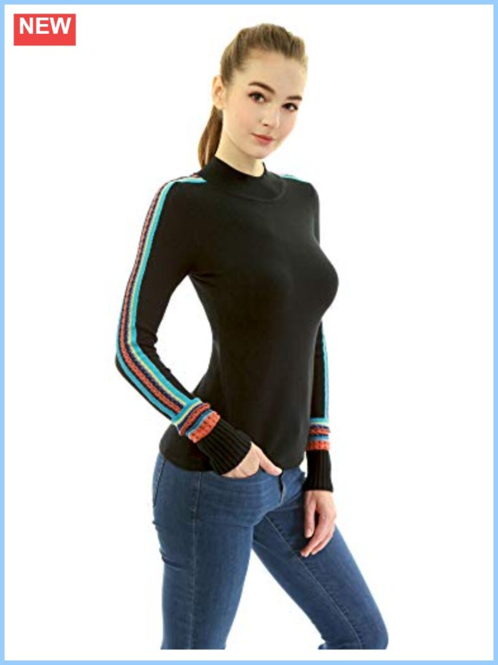 Mock Neck Fair Isle Trim Long Sleeve Pullover Knit Sweater